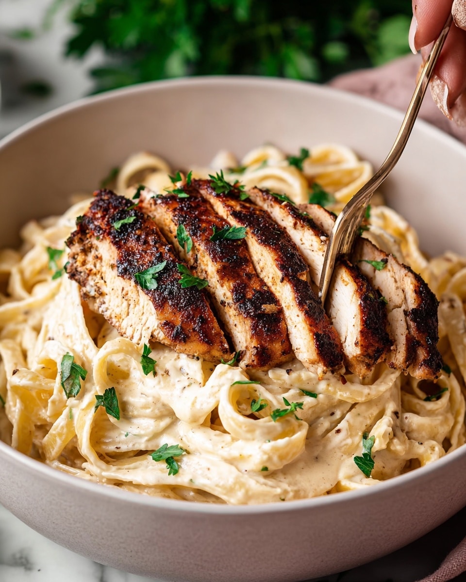 A white pot filled with creamy white fettuccine pasta layered on the bottom, covered by two thick pieces of blackened grilled chicken breast sliced into six pieces each, showing juicy white inside and dark crispy outside. The pasta is coated in a smooth, thick white sauce, and the chicken is sprinkled with small green parsley leaves and white grated cheese. The background is a white marbled texture with a blurred bowl of green herbs and an olive oil bottle. Photo taken with an iphone --ar 4:5 --v 7