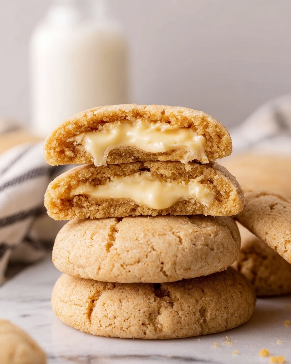 The image shows a stack of soft, light brown cookies with a crumbly texture on a white marbled surface. The top cookie is cut in half and placed on the stack, revealing a creamy, pale yellow filling inside with a smooth and slightly gooey texture. The bottom two cookies are whole and round, showing cracks on the surface that highlight their soft, baked dough. In the background, there is a blurred white jar and a soft fabric napkin with dark stripes, adding a cozy feeling to the scene. photo taken with an iphone --ar 4:5 --v 7