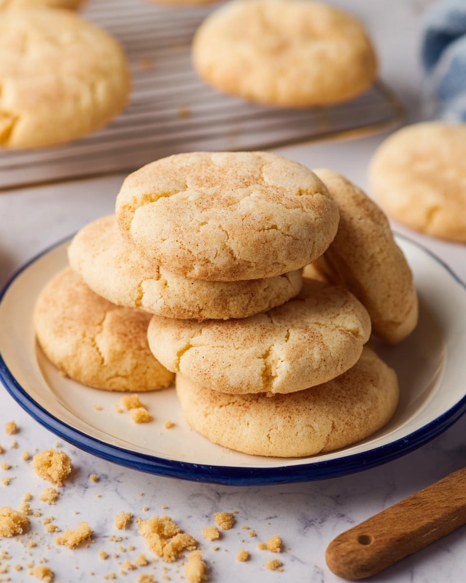 A white plate with a blue rim holds a stack of six round, soft cookies that are pale golden in color with a slightly cracked surface showing a chewy texture. Around the plate, there are cookie crumbs scattered on a white marbled surface. In the background, two more cookies rest on a cooling rack. Part of a wooden-handled knife lies on the right side. The overall scene is warm and inviting. photo taken with an iphone --ar 4:5 --v 7