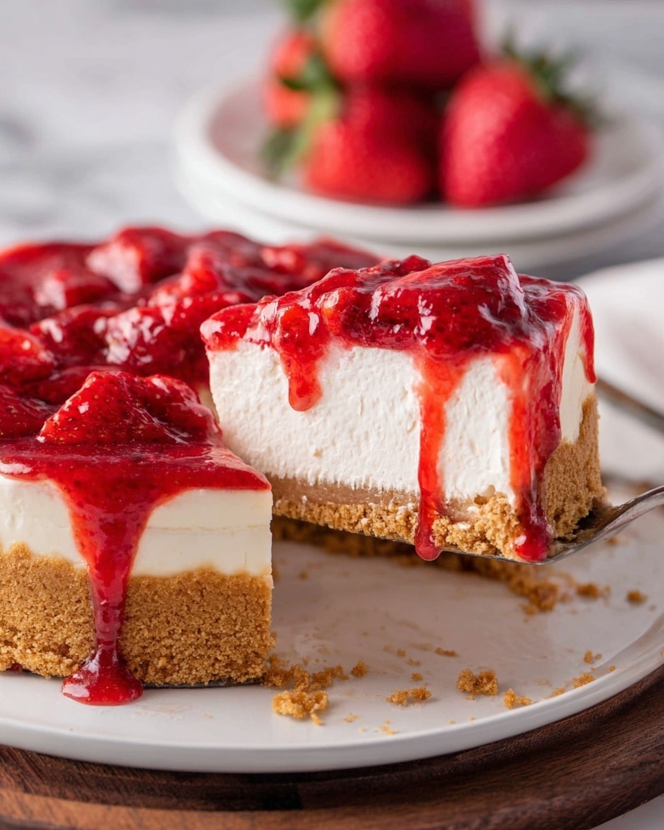 A slice of strawberry cheesecake is shown on a white plate with a textured rim, placed on a white marbled surface. The cheesecake has three layers: the bottom is a light brown crumbly crust, the middle is a thick, smooth white cream cheese layer, and the top is covered with a glossy red strawberry sauce with whole and sliced strawberries on it. A small piece of the crust is broken off and lying beside the slice on the plate. In the background, more strawberries and another part of the whole cheesecake on a white plate can be seen blurred. Photo taken with an iphone --ar 4:5 --v 7