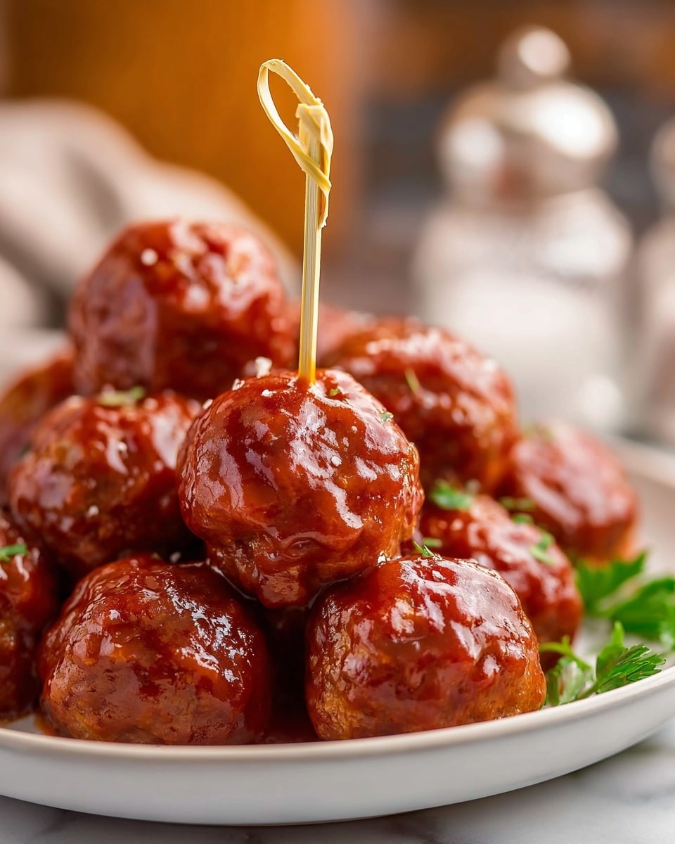 A white round plate filled with a single layer of shiny, round meatballs covered in a thick, glossy reddish-brown sauce, the sauce pooling slightly around the base of the meatballs. The meatballs have a smooth texture with some small creases and reflections from the sauce, creating a rich and appetizing look. The background features a white marbled surface with salt and pepper shakers on the right side, some green parsley leaves scattered casually, and part of a striped cloth visible near the top left edge. In the top background, a silver pan holds more meatballs with sauce. Photo taken with an iphone --ar 4:5 --v 7