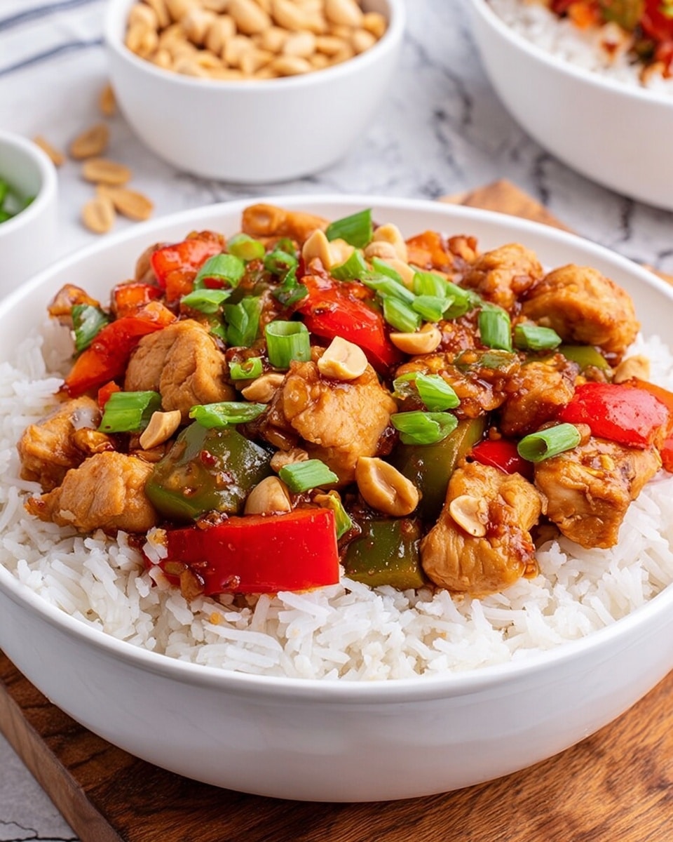 The image shows a close-up of a black pan filled with a cooked dish of thick, glossy, orange-brown chicken pieces mixed with bright red and deep green bell pepper chunks. Scattered throughout are shiny brown peanuts and whole dried red chili peppers adding a touch of dark red. Small green chopped green onions are sprinkled on top, providing contrast with their fresh color. A light brown wooden spoon is scooping a mix of chicken, peppers, peanuts, and green onions from the pan. The pan rests on a white marbled textured surface. photo taken with an iphone --ar 4:5 --v 7