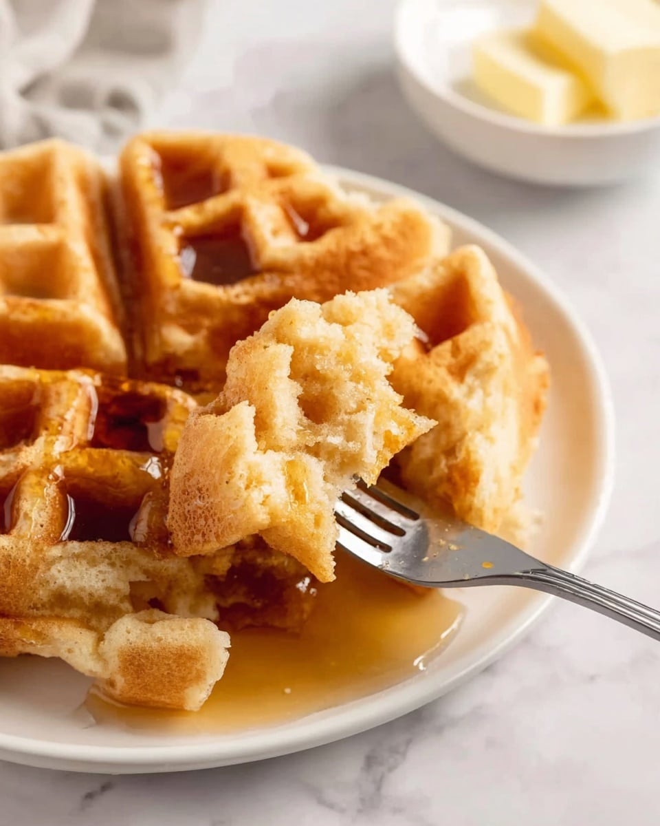 A stack of three thick, golden-brown waffles with a slightly crisp texture sits on a white plate, topped with a generous handful of fresh, plump blueberries that are deep blue with a slight sheen. Warm amber syrup is being poured over the blueberries and waffles, creating a glossy coating that drips down the sides. The plate is set on a white marbled surface, enhancing the warm colors of the dish, with a bowl of extra blueberries blurred in the background and some scattered blueberries nearby. photo taken with an iphone --ar 4:5 --v 7