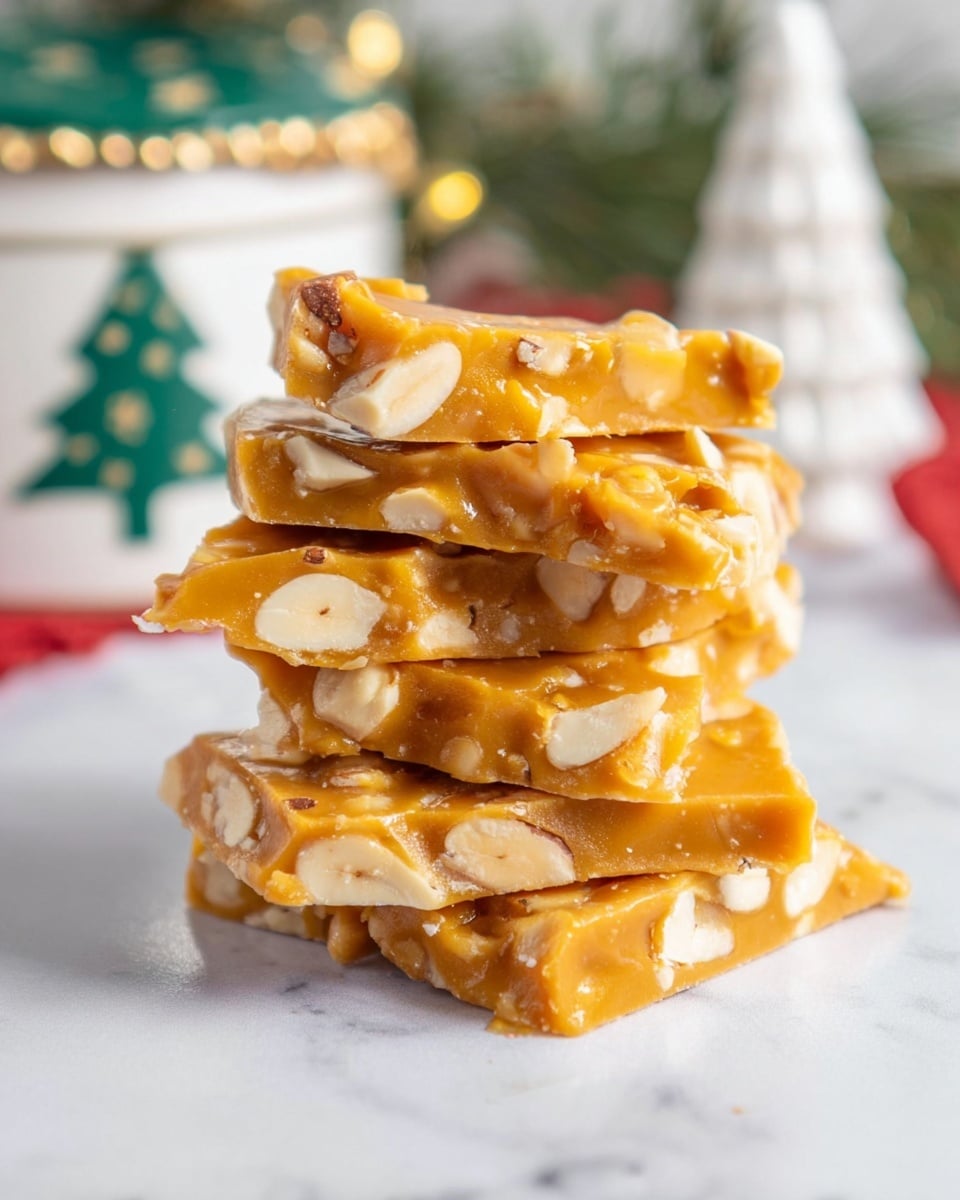 A stack of five golden-orange brittle pieces filled with large white nut chunks, each piece roughly rectangular and slightly glossy. The pieces are layered unevenly, showing their thick, chewy texture with visible nuts embedded throughout. The background is a soft white marbled texture with blurred hints of festive decorations, like a white container with green Christmas tree designs and a small white Christmas tree figure. photo taken with an iphone --ar 4:5 --v 7