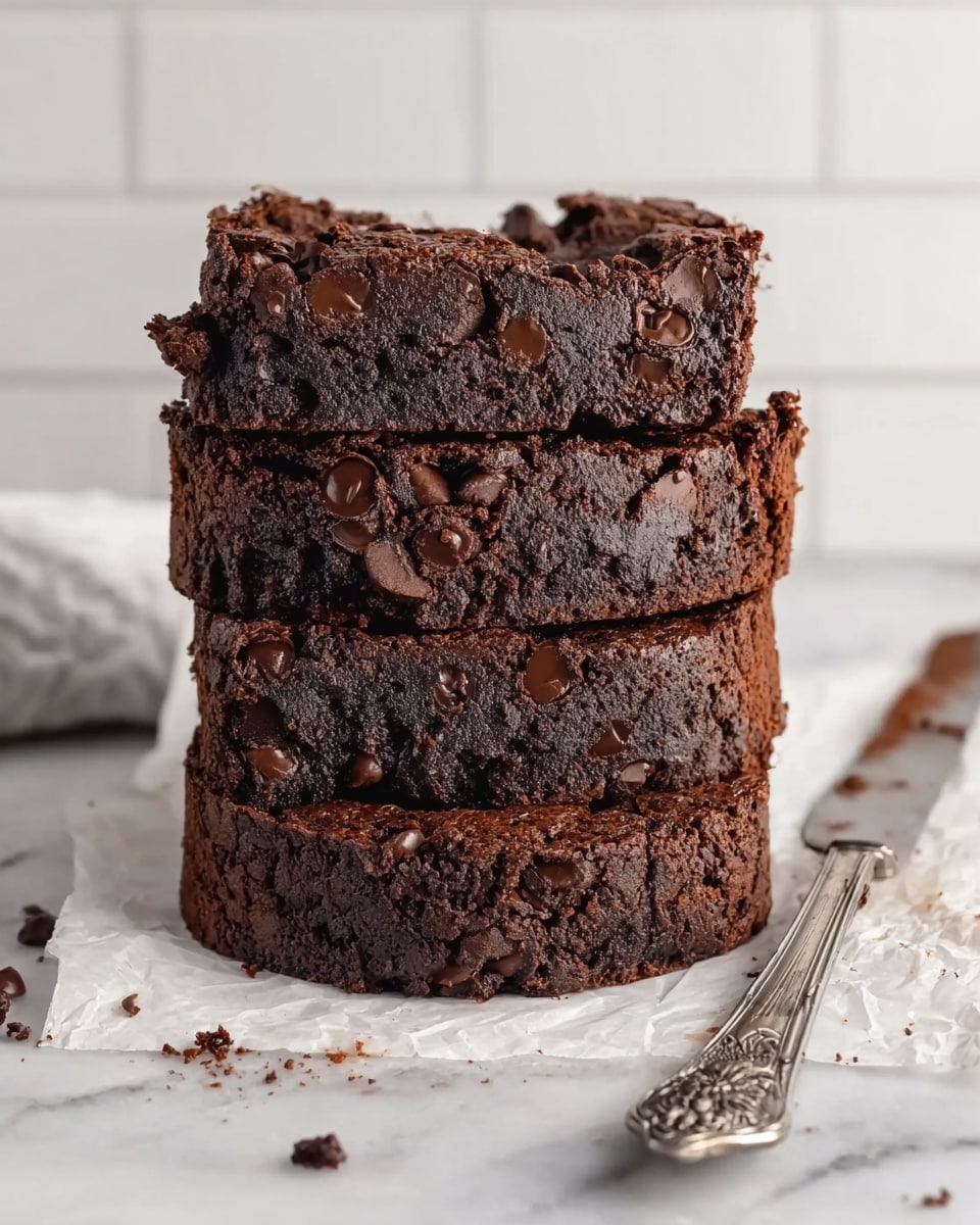 A square chocolate loaf cake with a rich dark brown color sits on white parchment paper over a white marbled surface. The top layer is studded with small chocolate chips scattered unevenly across its cracked, slightly rough surface. Three thick slices are cut from the loaf and laid out in front, showing a moist, dense texture full of tiny holes and a consistent deep chocolate color inside. A silver knife with an ornate handle rests beside the cake on the parchment. A few chocolate chips are scattered loosely around the setup. photo taken with an iphone --ar 4:5 --v 7
