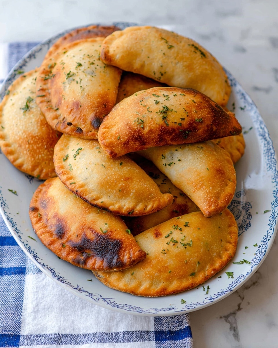 A white oval plate with a light blue pattern holds nine baked empanadas, stacked in a slight heap. Each empanada has a golden-brown crust with some darker, toasted spots and a slightly rough texture. The surface of the dough is uneven and has small sprinklings of chopped green herbs, adding a touch of freshness to the warm tones. The plate sits on a white marbled surface layered with a white cloth that has blue checkered designs. The overall look is rustic and inviting, highlighting the crispy yet soft exterior of the empanadas. photo taken with an iphone --ar 4:5 --v 7
