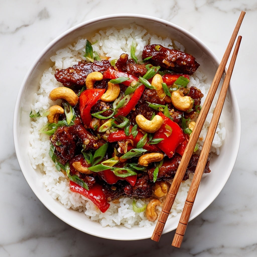 A close-up view of a black cast iron pan filled with a stir-fry dish showing three main layers: dark brown fried pieces of meat coated in a glossy, sticky sauce form the base, mixed with bright red sliced bell peppers adding vibrant color, and golden toasted cashew nuts scattered through the dish adding texture. Fresh green sliced scallions are sprinkled on top as a final layer, adding contrast and freshness. The stir-fry looks richly coated in the dark sauce with sesame seeds also sprinkled over the dish. A wooden spoon is partially stirring the food inside the pan, which rests on a white marbled textured surface. photo taken with an iphone --ar 4:5 --v 7