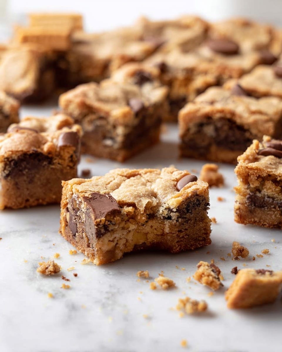 The image shows many square blondie bars scattered on a white marbled surface with pieces of peanut butter cookie baked into each bar. The blondies have a golden brown color with a soft texture and chunks of darker baked cookie on top. A white bowl filled with creamy peanut butter sits near the center, with smooth swirls visible on the surface. Crumbs and broken cookie pieces are spread around the bars, adding to the casual, homemade feel. A glass of milk and some peanut butter cookies rest in the top left corner, completing the cozy snack scene. photo taken with an iphone --ar 4:5 --v 7