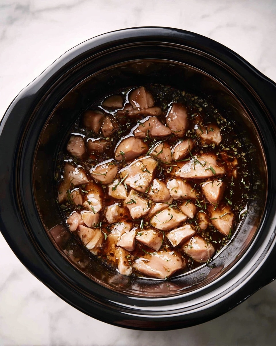 A black slow cooker filled with small pieces of raw chicken breast marinated in a dark brown sauce with visible herbs. The chicken pieces are light pink to white with a glossy texture from the sauce, and the sauce pools around the chicken, giving it a shiny look. The slow cooker sits on a white marbled surface, seen from a top-down view, showing the smooth black inner pot with some reflections. photo taken with an iphone --ar 4:5 --v 7