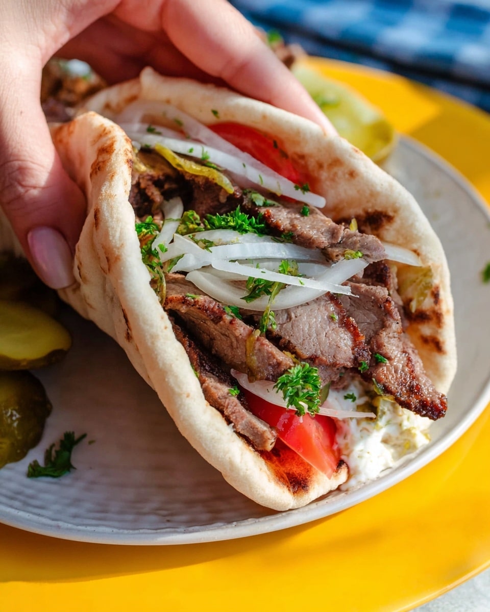 A yellow oval plate filled with several layers: the bottom large layer is made up of dark brown grilled meat slices with a slightly charred texture, piled dense and uneven. On the top left side of the plate, there is a fresh layer of thin white onion rings mixed with bright green chopped parsley, sprinkled lightly with seasoning. To the top right, there are several overlapping slices of vibrant red tomatoes arranged in a neat row, and beside them, a group of shiny, whole green pickles. A silver fork with a black handle rests on the right bottom edge of the plate. The plate sits on a surface with a white marbled texture, beside folded flatbreads on a white plate and a transparent glass with a textured pattern. photo taken with an iphone --ar 4:5 --v 7
