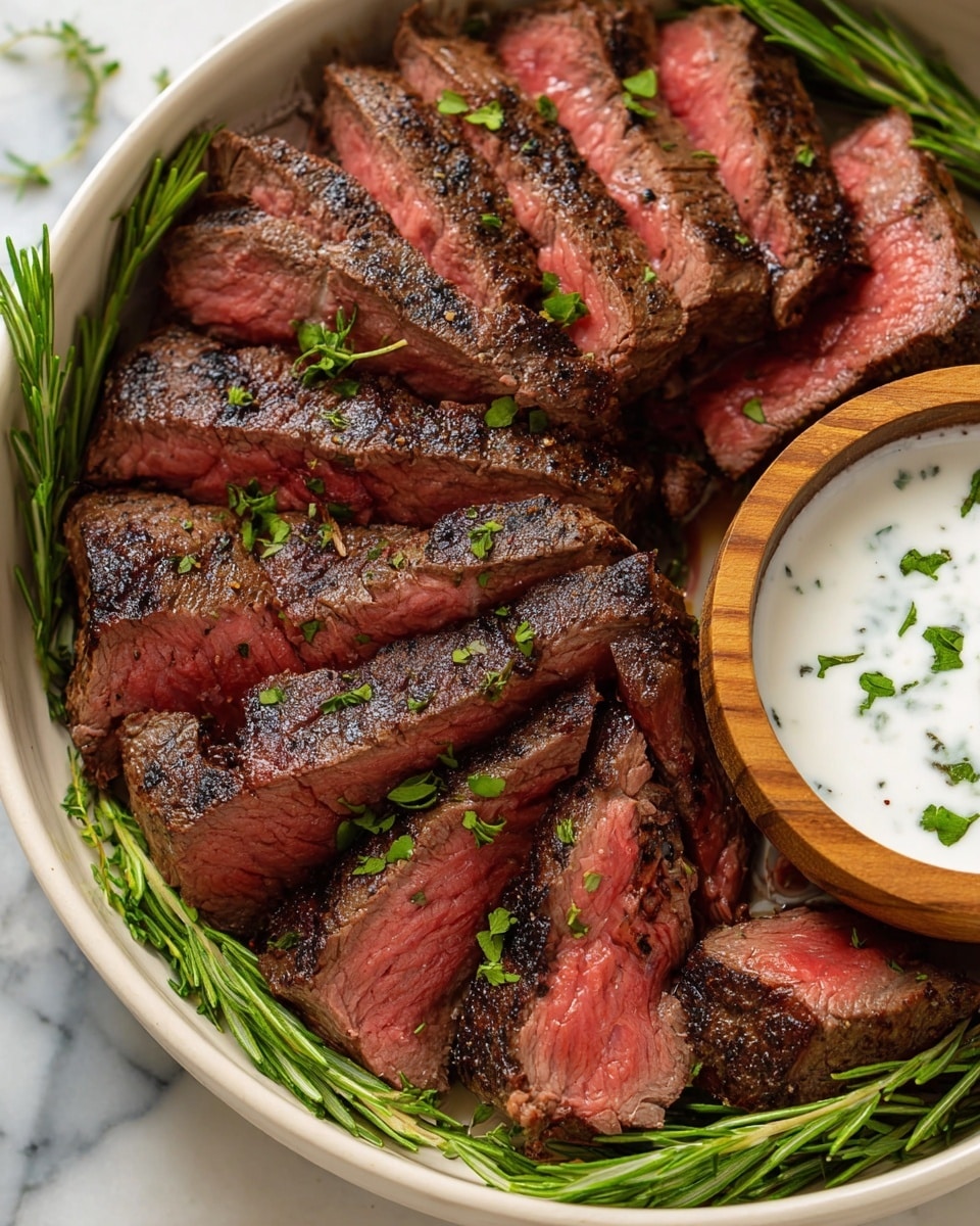 A close-up view of medium-rare steak slices arranged in a circular pattern on a white bowl, each slice showing a dark, well-seared outer crust with a warm pink interior and lightly sprinkled green herbs on top. Fresh green sprigs of rosemary lay between some of the steak slices around the bowl's edges. On the right side inside the bowl, there is a small wooden bowl filled with white creamy sauce garnished with small green herb leaves. The bowl is placed on a white marbled surface. photo taken with an iphone --ar 4:5 --v 7