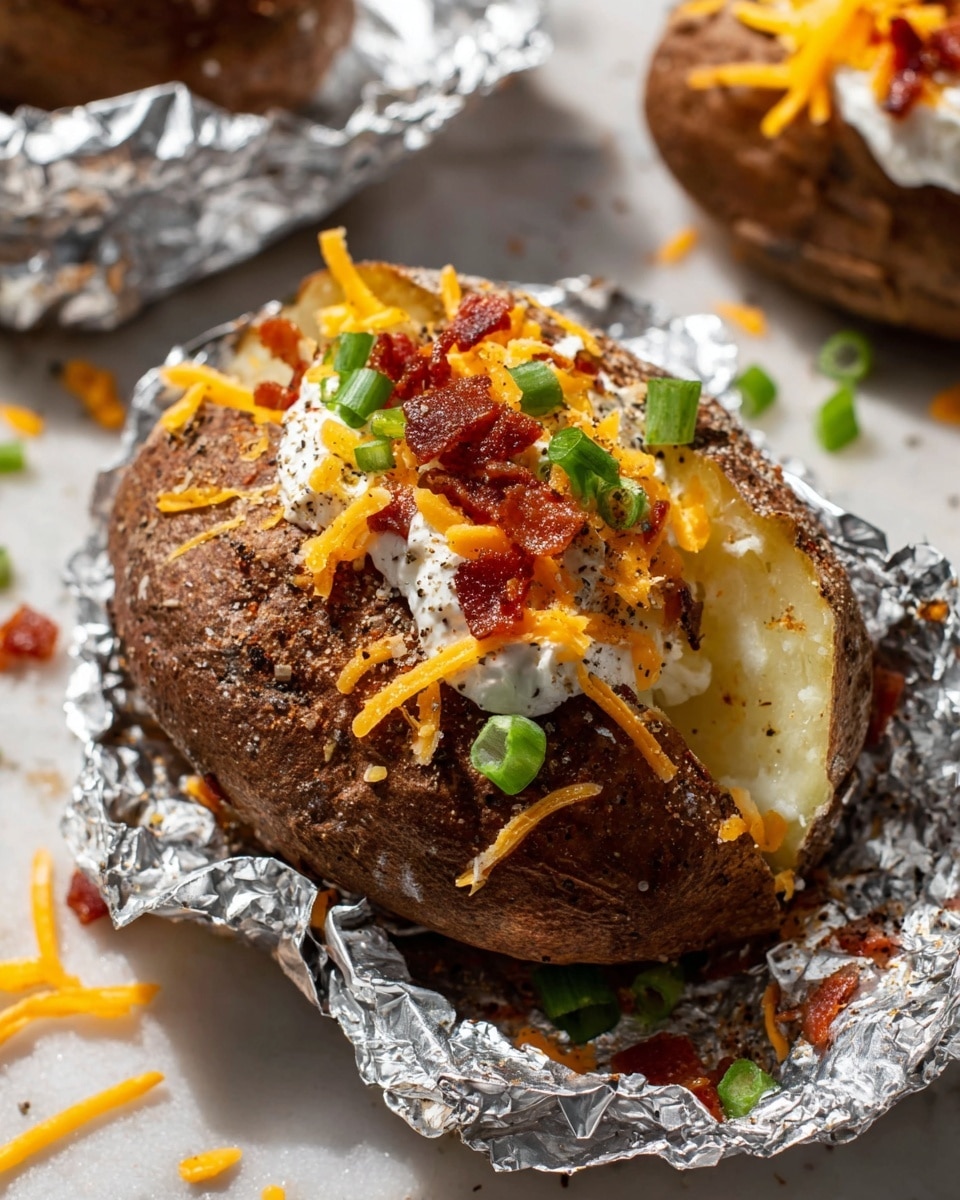 A close-up of a baked potato wrapped in shiny aluminum foil, resting open on a grill with visible charcoal beneath. The potato has a golden-brown and slightly crispy skin with seasoning specks, split in the middle to reveal soft yellow flesh inside. On top of the potato, a square pat of pale yellow butter is slowly melting, adding a smooth texture. The aluminum foil crinkles around the potato, catching light and creating bright reflections. The background features the grill's metal bars and gray charcoal, but the overall focus is on the detailed texture of the baked potato and melting butter, all on a white marbled texture. Photo taken with an iphone --ar 4:5 --v 7