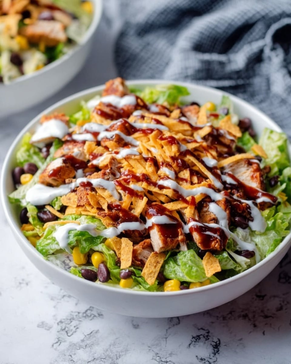 A white bowl filled with a colorful layered salad sits on a white marbled surface. The bottom layer is fresh green lettuce. On top of that, there is a mix of black beans, yellow corn, and diced red tomatoes. Large pieces of browned chicken with a glossy dark brown sauce cover part of the salad. Next to the chicken, there is a pile of crispy, orange-colored tortilla strips. The whole salad is drizzled with a creamy white dressing. A silver fork rests to the right of the bowl. photo taken with an iphone --ar 4:5 --v 7