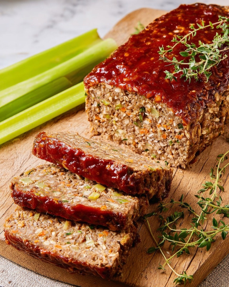 A close-up image of two thick slices of meatloaf with a rough, textured brown interior that shows small chunks of vegetables or nuts mixed in, topped with a thick, shiny layer of red glaze spread evenly across the top of each slice. The rest of the meatloaf with the same glossy red topping is partially visible to the right side. The pieces sit on a white marbled surface with small green garnish nearby. In the background, a portion of a gray and white striped cloth is softly blurred. photo taken with an iphone --ar 4:5 --v 7
