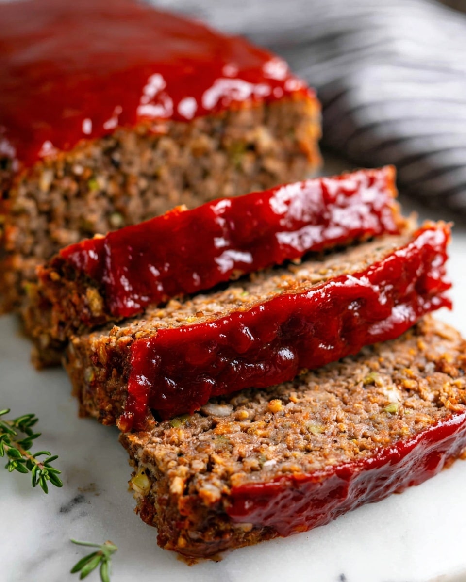A rectangular meatloaf with a shiny, dark reddish glaze on top sits on a wooden board. The meatloaf is sliced to show its dense, textured inside full of visible oats and small chopped vegetables, creating a mix of light brown, beige, and hints of orange and green colors. Three thick slices lie in front of the larger loaf, showing rough edges with the same mixture inside. Three long, fresh, light green celery sticks lean against the side of the meatloaf. Small sprigs of green herbs lay on the wooden surface next to the food, which is placed on a white marbled textured background. photo taken with an iphone --ar 4:5 --v 7
