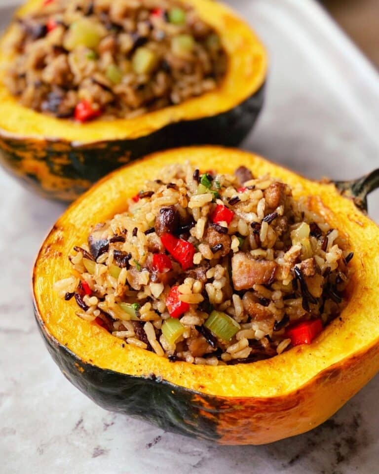 Stuffed Acorn Squash with Wild Rice and Spicy Vegan Sausage Recipe