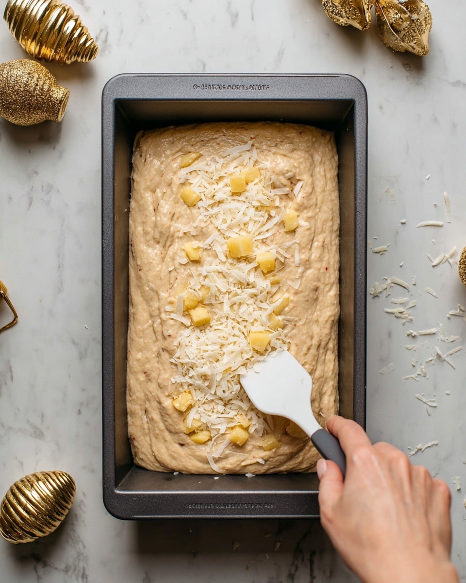 A rectangular dark gray baking pan filled with a thick, light brown batter spread evenly inside. On top, there are small yellow chunks and white shredded flakes scattered in the center, adding texture and contrast. A woman's hand is holding a white spatula with a dark gray handle, positioned on the right side, smoothing the batter. The pan sits on a white marbled textured surface with gold decorative objects placed around it. photo taken with an iphone --ar 4:5 --v 7