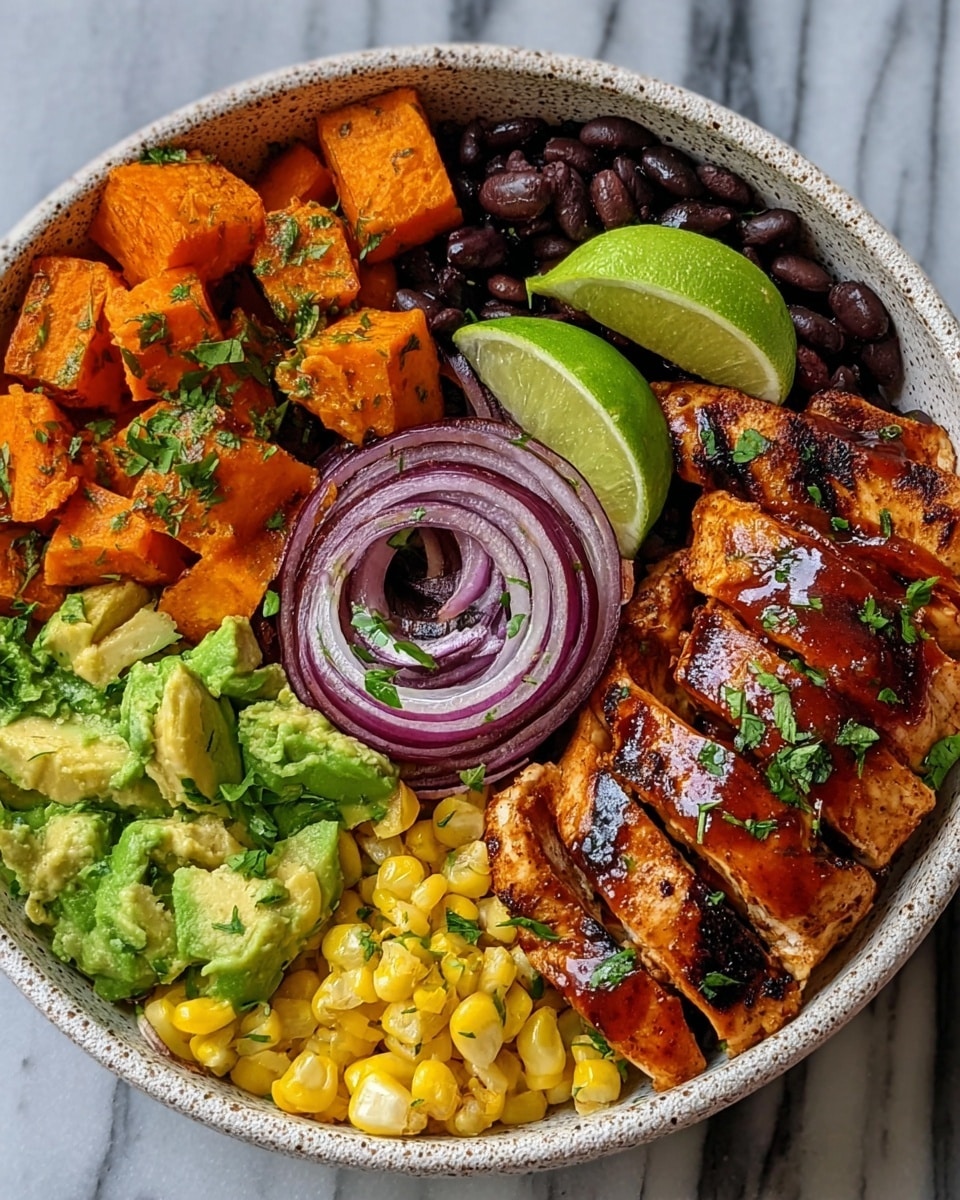 A white speckled bowl filled with six distinct layers arranged in sections. On the top left, there are bright orange cubes of roasted sweet potato sprinkled with green herbs. Next to it, dark black beans with a shiny texture sit beside thin rings of grilled red onion in the center of the bowl. To the right, two fresh lime wedges rest above slices of grilled chicken coated in a glossy dark red sauce with slight char marks. At the bottom left, chunky pieces of green avocado are next to a pile of bright yellow roasted corn kernels. All ingredients are garnished with finely chopped green herbs. The bowl is placed on a white marbled surface. photo taken with an iphone --ar 4:5 --v 7