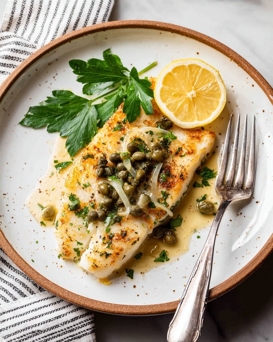 A round white pan holds five pieces of cooked fish fillets with a golden-brown sear, arranged unevenly with capers and chopped parsley sprinkled on top. Between the fillets are six thin slices of bright yellow lemon, some slightly soaking in a light buttery sauce at the bottom of the pan. A metal spoon rests on one fillet, with traces of sauce on it. A white soft cloth is partially visible on the bottom right corner against a white marbled surface. The overall look is warm and fresh with vibrant yellow, green, and golden colors. photo taken with an iphone --ar 4:5 --v 7