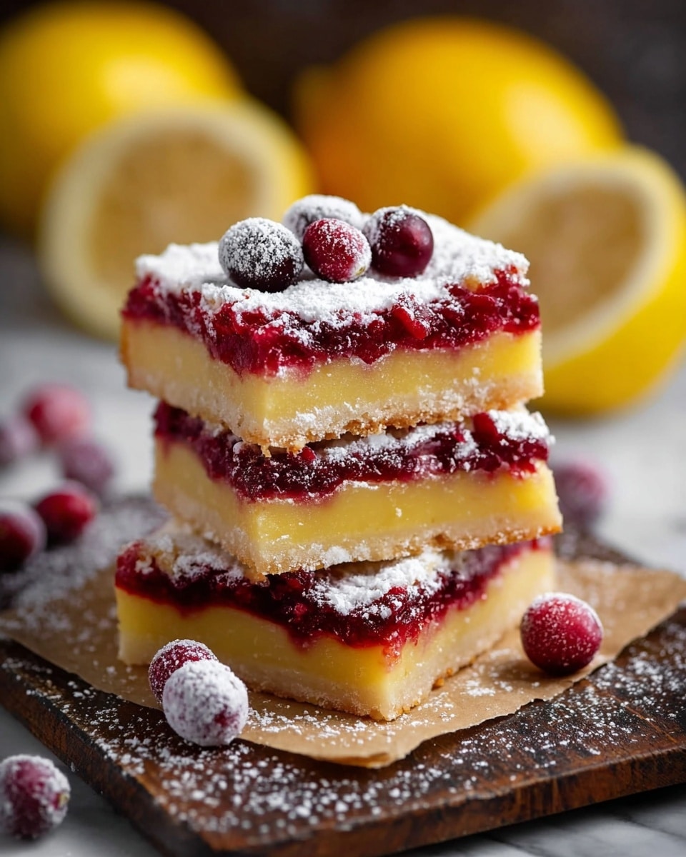 The image shows small square cake slices arranged on a white marbled surface. Each slice has three layers: a soft pale base, a thick bright orange middle layer, and a top layer of deep red jam. The red jam layer is covered with a dusting of white powdered sugar, making it look snowy. Some small white dollops of cream and a few red berries are placed around the cake squares, adding extra color and texture. The lighting is soft and natural, highlighting the powdered sugar and the smooth texture of the layers. Photo taken with an iphone --ar 4:5 --v 7