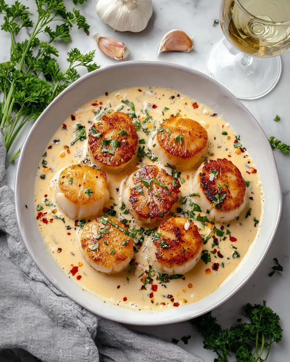 A white shallow bowl holds eight large seared scallops arranged in a loose circle, each scallop showing a golden-brown crust with clear grill marks on top and a tender white base. They sit in a creamy sauce colored light beige with specks of black pepper and red chili flakes, garnished with bright green chopped parsley scattered over scallops and sauce. The bowl is placed on a white marbled surface, accented by garlic cloves, parsley sprigs, and a white wine glass filled with pale yellow wine nearby, along with a soft gray cloth casually set beside the bowl. photo taken with an iphone --ar 4:5 --v 7