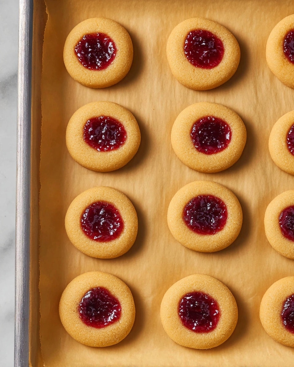 A white plate holds six round cookies with a golden-orange color, each cookie topped in the center with a dollop of dark red jam that looks thick and slightly shiny. Thin white icing is drizzled across each cookie in a crisscross pattern with an uneven, slightly glossy texture. The plate is set on an orange cloth, and the background shows a white marbled surface. photo taken with an iphone --ar 4:5 --v 7