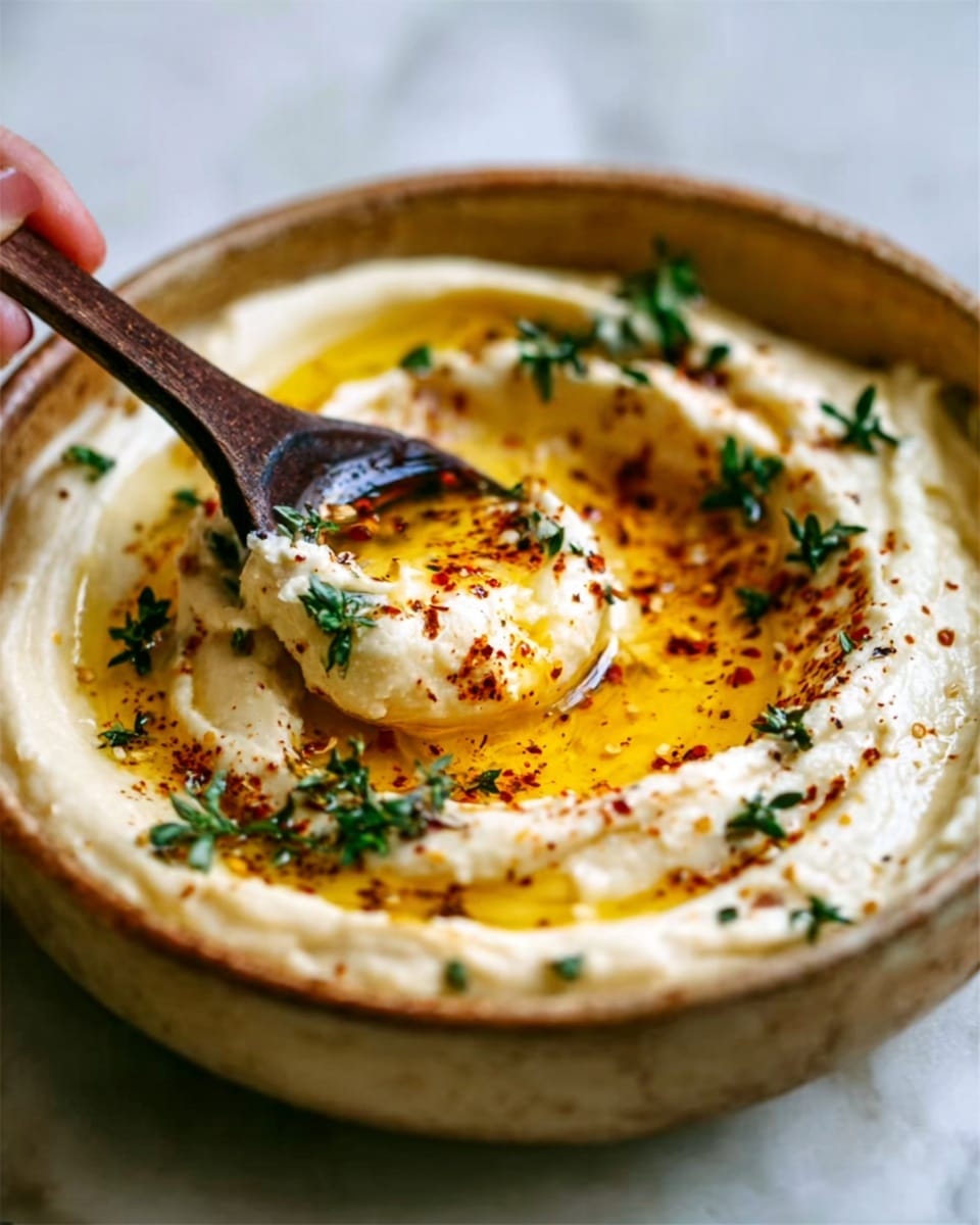 A clay bowl filled with a creamy white hummus spread in a swirling pattern creating soft peaks and valleys, topped with a golden layer of olive oil pooling in the center and sprinkled with dark red spices. Three small green thyme sprigs stand upright in the middle as garnish. The bowl rests on a white marbled surface with blurred orange slices in the background. photo taken with an iphone --ar 4:5 --v 7