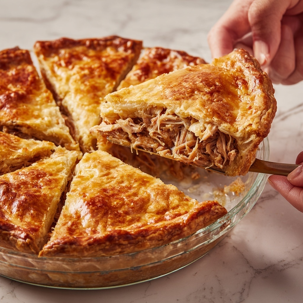 A clear glass pie dish holds a golden brown pie with a thick, shiny crust that has a slightly crispy texture. The pie is divided into slices, and a woman's hand is lifting one slice with a metal pie server, showing a dense filling inside that looks creamy and light beige in color. The white marbled surface beneath the pie contrasts gently with the warm tones of the crust. The background is simple and soft and another woman's hand steadies the pie dish. photo taken with an iphone --ar 4:5 --v 7