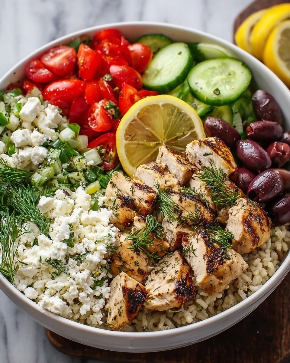 A round wooden board holds a colorful arrangement of seven different food layers around the edge. Starting from the top right, there are slices of grilled chicken breast seasoned with herbs, light brown with green flecks. Next to that is a pile of quinoa mixed with green herbs, pale yellow with green. Below the quinoa, there are bright red cherry tomatoes cut in halves. Next to the tomatoes is a heap of white crumbled cheese. Moving left, finely chopped red onions create a purple layer. Above the onions are dark purple Kalamata olives. At the center, slices of fresh green cucumber and a small pile of fresh green herbs such as dill form the middle. On top near the upper middle, three slices of bright yellow lemon add a fresh touch. The whole board sits on a white marbled surface. Photo taken with an iphone --ar 4:5 --v 7