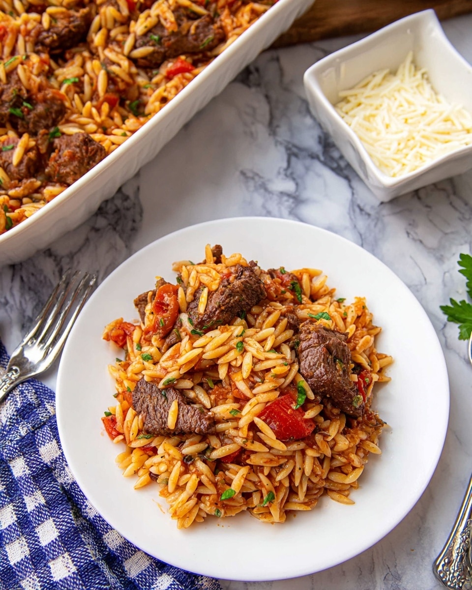 A white plate with a serving of cooked orzo pasta mixed with chunks of dark brown beef and small pieces of red bell pepper, all coated in a reddish-brown sauce, topped with scattered green herb bits. The orzo pasta is golden and has a slightly glossy look. Behind the plate, a white square bowl filled with grated white cheese and a spoon is partially visible. To the left, a white baking dish holds more of the same orzo and beef mixture. The items sit on a white marbled surface with a silver fork to the right of the plate and a blue and white checkered cloth to the lower left. photo taken with an iphone --ar 4:5 --v 7