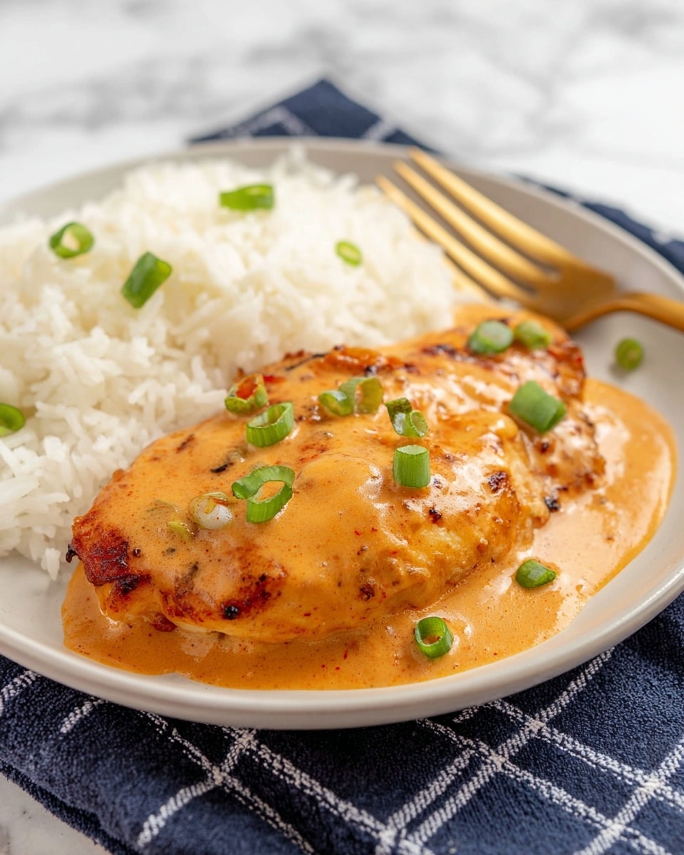 The image shows three cooked chicken breasts in a black cast iron skillet. Each chicken breast is covered with a smooth, creamy orange sauce that lightly glistens under the light. On top of the sauce are small pieces of fresh green onion sliced into rings, adding a pop of green color and texture. The browned edges of the chicken are visible around the sauce, showing a slightly crispy texture. The skillet rests on a blue textured cloth with a gold fork next to it, all placed on a white marbled surface. photo taken with an iphone --ar 4:5 --v 7