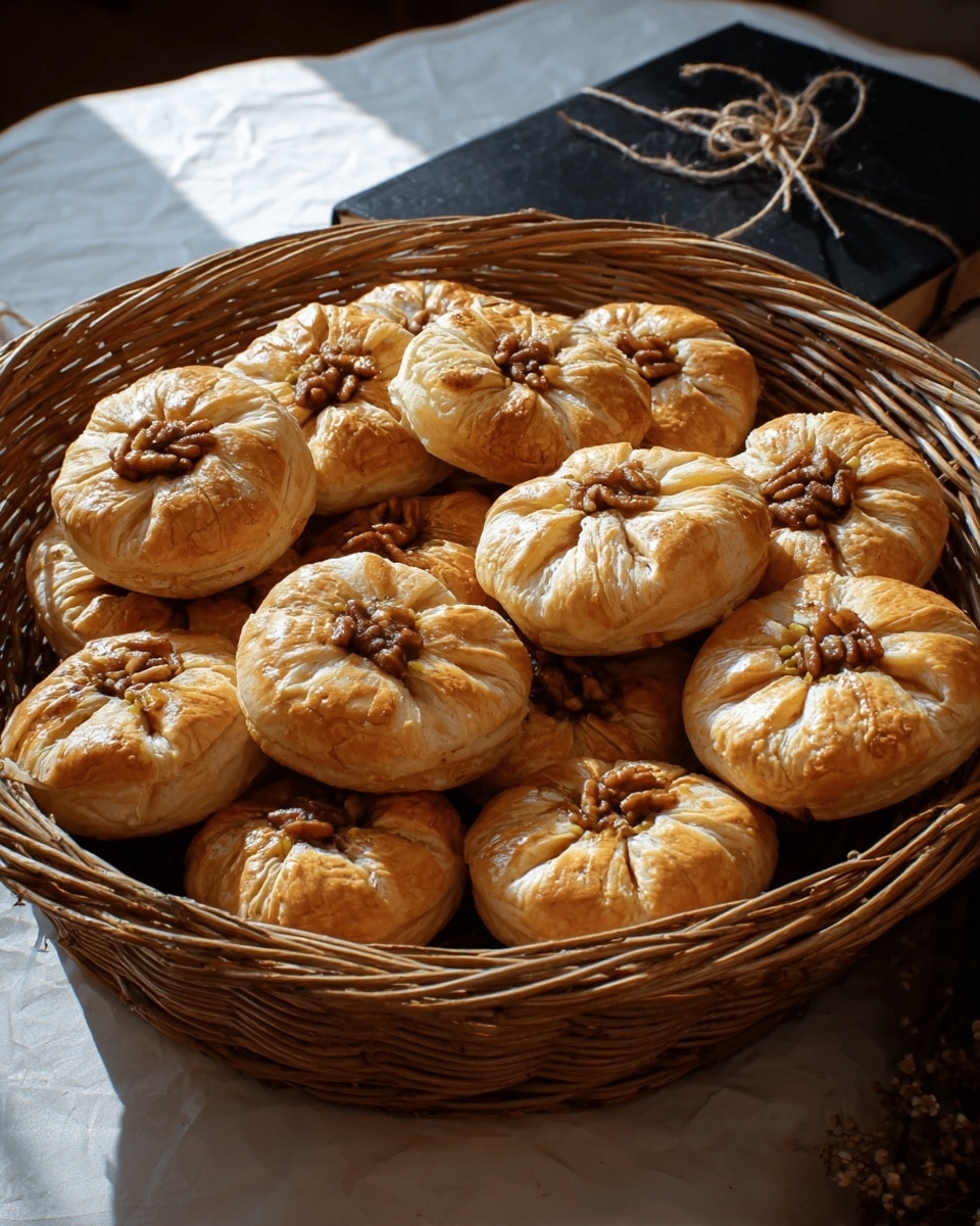 A woven basket filled with round, golden-brown pastries arranged closely together. Each pastry has a flaky, layered top with a star-like pattern made by folding the edges around a visible nut filling in the center, which is darker in color and textured. The basket rests on a white marbled surface with some soft natural light casting shadows, and there is a dark object and a tied book in the background. photo taken with an iphone --ar 4:5 --v 7