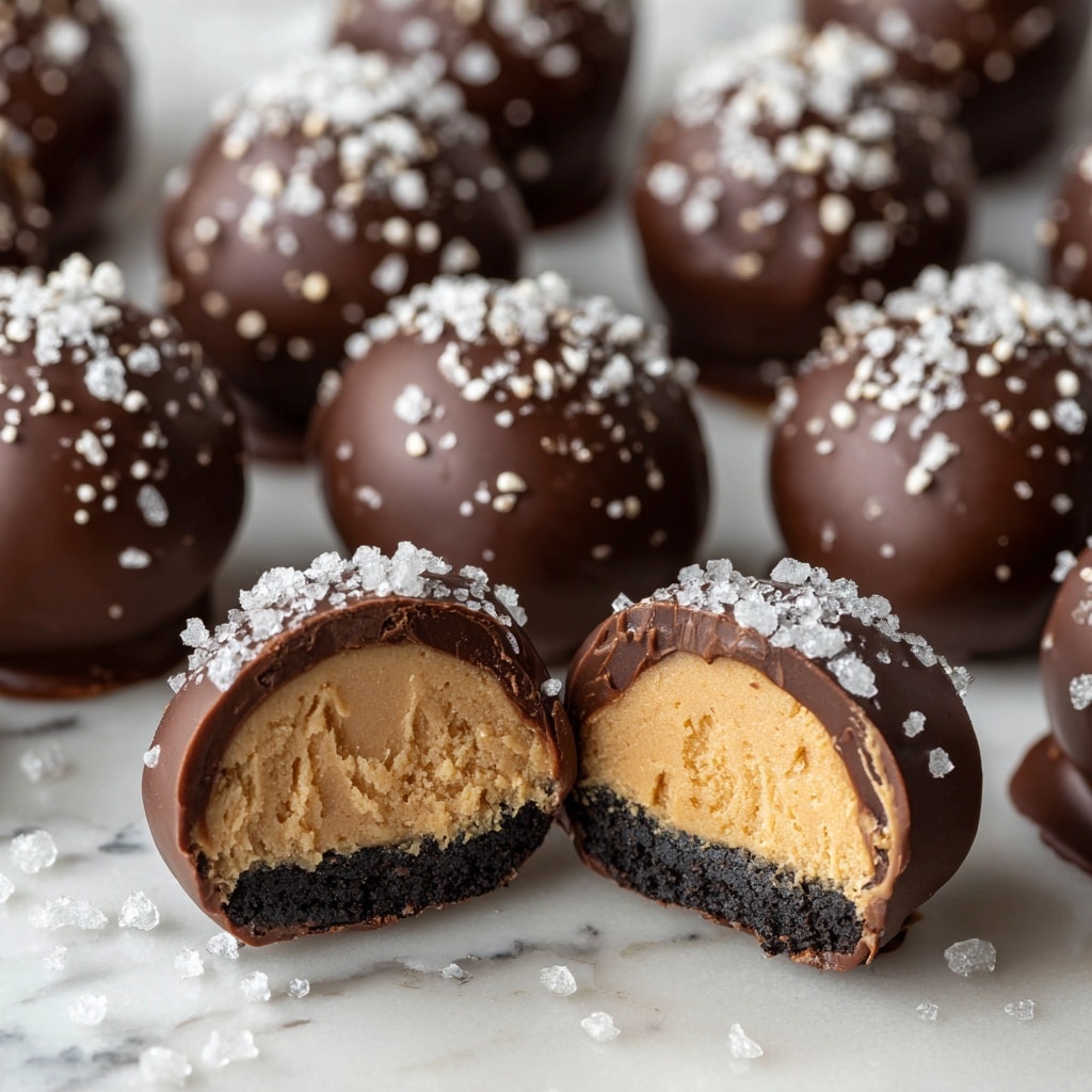 A group of round chocolate truffles arranged closely on a white marbled surface, each covered with a smooth milk chocolate shell and sprinkled with small white sugar crystals on top. One truffle is bitten in half, showing three visible layers inside: a thin outer milk chocolate shell in light brown, a thick middle caramel layer in golden brown with a creamy texture, and a bottom layer of crumbly biscuit in beige. The truffles have a shiny finish with slight ridges on the surface. Photo taken with an iphone --ar 4:5 --v 7
