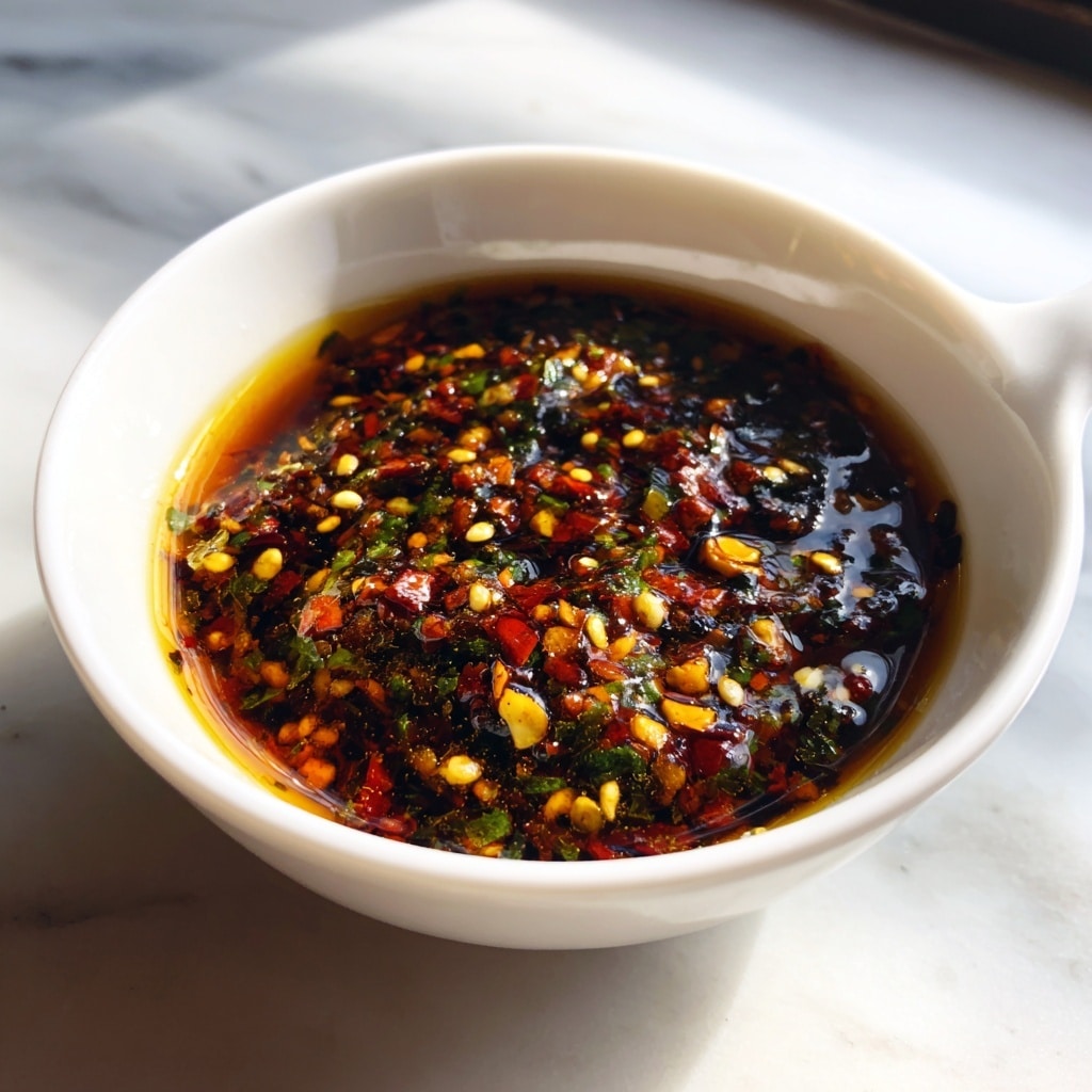 A close-up image of a round grey bowl filled with dark reddish-brown sauce that has visible yellow mustard seeds, red chili flakes, and small green herb pieces floating in it, held by a wooden spoon above the bowl showing a glossy texture. The bowl is set on a white marbled texture. A woman's hand holds the wooden spoon from the top right corner of the frame. The overall image has bright natural lighting highlighting the sauce’s vibrant colors and textures. Photo taken with an iphone --ar 4:5 --v 7
