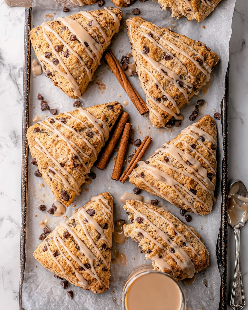 The image shows eight triangular scones on a white baking tray lined with parchment paper, each scone golden brown with visible chocolate chips inside and drizzled with light brown icing across the top in thin, irregular lines. Some scones are whole while two are broken into pieces, revealing a crumbly texture inside. In the center of the tray, there are three cinnamon sticks placed close together. A spoon with some of the same icing sits on the tray to the right, and the tray itself rests on a white marbled surface. The scones have a slightly rough texture with small cracks and embedments from the chocolate chips. photo taken with an iphone --ar 4:5 --v 7