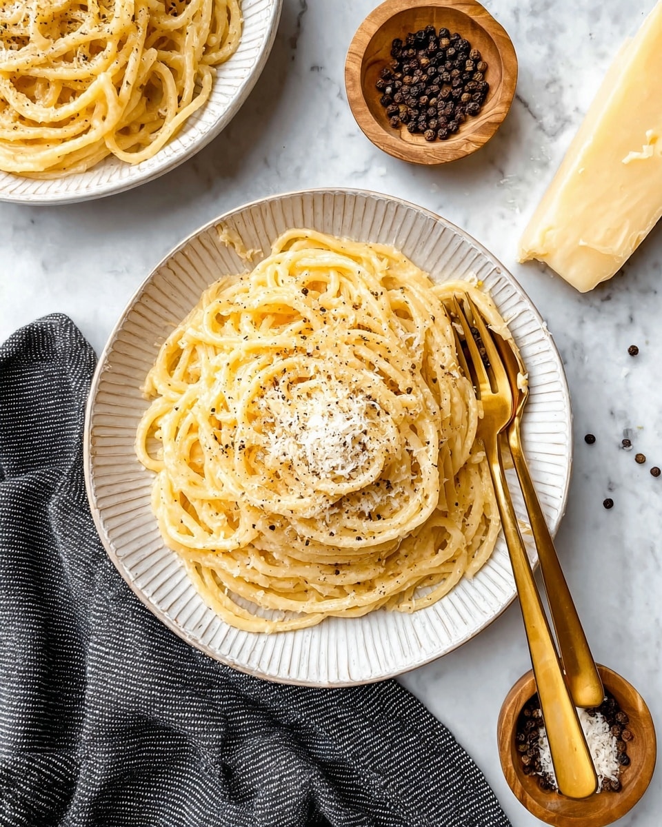 A bowl of thick spaghetti noodles is loosely piled in the center, covered evenly with a light cream sauce, which gives the noodles a smooth, slightly shiny texture. The noodles are topped with a small amount of finely grated cheese that looks soft and white, and a sprinkle of coarsely ground black pepper scattered across the top. The bowl is white with a subtle striped pattern around the edge. Next to the noodles on the right side inside the bowl are a gold fork and spoon, placed neatly together. The bowl sits on a white marbled surface, with a small wooden bowl of whole black peppercorns and a piece of pale yellow cheese to the upper right nearby. In the upper left corner, a second bowl with the same dish is only partially visible, and a dark gray striped cloth is placed on the lower left side of the frame. photo taken with an iphone --ar 4:5 --v 7