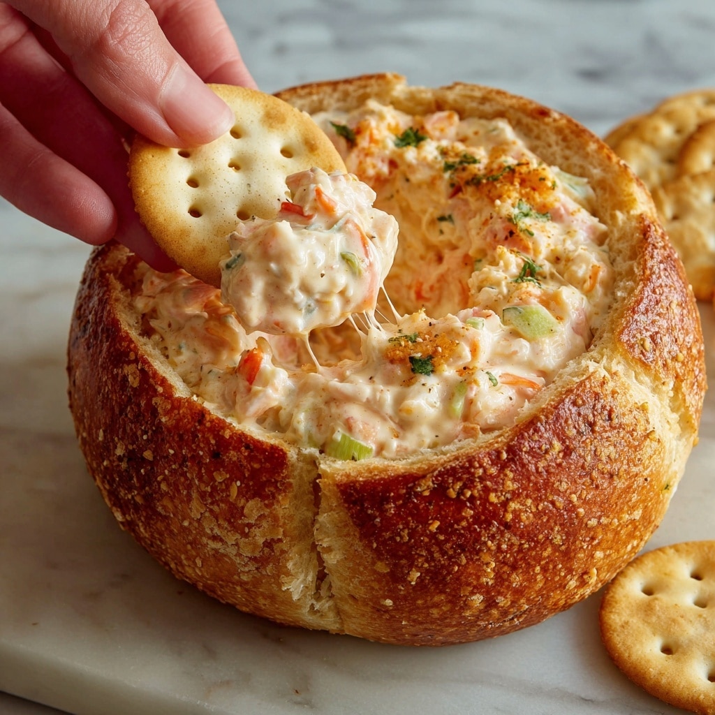 The image shows a round bread bowl with a crispy golden brown crust filled with a creamy, chunky spread that is light beige with small pieces of orange, green, and white visible within it. A woman's hand is holding a round, light tan cracker with small holes, dipping it into the spread, causing the creamy mixture to stretch slightly between the cracker and the bread bowl. The bread bowl sits on a white marbled surface. photo taken with an iphone --ar 4:5 --v 7