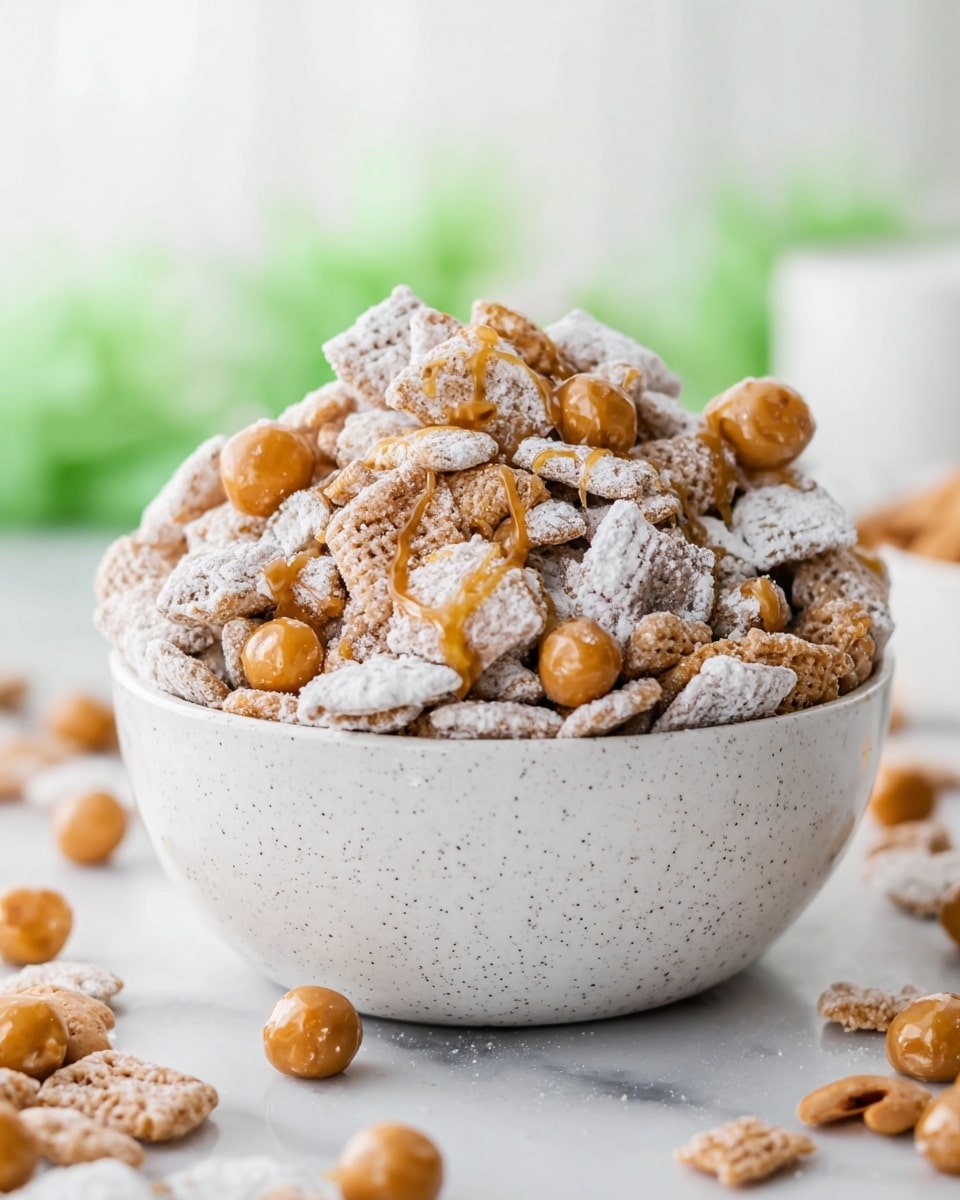 A white plate holds a pile of square cereal pieces coated heavily in white powdered sugar, creating a soft, powdery texture on the surface. Mixed in are golden, toasted nuts scattered around and slightly beneath the cereal pieces, adding crunchy contrast. In the background on the white marbled surface, a red apple half is visible with its pale flesh showing, along with a few small round nuts casually placed around the plate. The overall look is cozy and sweet, with soft lighting that brings out the powder and textures. photo taken with an iphone --ar 4:5 --v 7