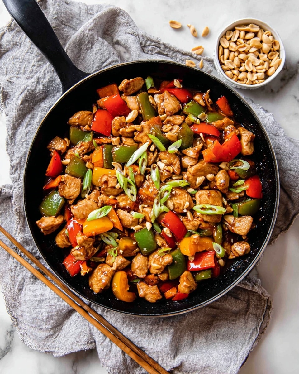A black skillet is filled with a colorful stir-fry showing three main layers: the base layer is chunks of cooked chicken in a shiny brown sauce, the middle layer has chunky pieces of red, green, and yellow bell peppers mixed with sliced green onions scattered on top, and the upper layer includes whole peanuts adding texture and contrast. The skillet sits on a wrinkled light gray cloth placed over a white marbled surface. To the upper right, a small white bowl is filled with peanuts, and a pair of wooden chopsticks rests near the skillet's top handle. Photo taken with an iphone --ar 4:5 --v 7