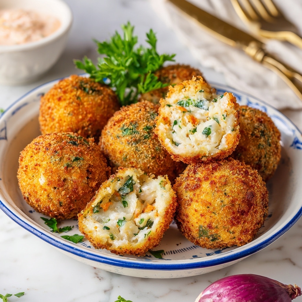 There are five round, crispy, golden-brown balls with a textured, flaky coating on a white plate with a blue rim. The balls look crunchy with small bits sticking out, and some green herbs are visible inside the coating. In the background, there is a fresh green parsley sprig adding a hint of color against the white plate and soft white marbled surface. The focus is tight on the front balls, showing their crumbly texture clearly. photo taken with an iphone --ar 4:5 --v 7