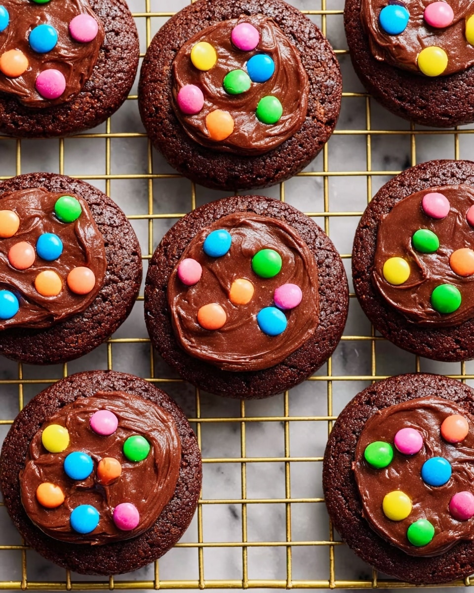 Nine round chocolate cookies are arranged on a cooling rack over a white marbled surface. Each cookie has a thick, smooth, shiny layer of dark chocolate frosting spread evenly on top. Bright, small, rounded candy pieces in colors like blue, pink, green, yellow, orange, and red are scattered on the frosting in a random pattern. The cookies have a slightly crispy-looking dark brown edge and dense center. The cooling rack is golden and contrasts with the dark cookies and colorful candies. photo taken with an iphone --ar 4:5 --v 7