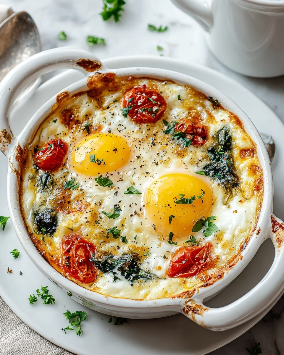 A round white ceramic dish holds a baked egg dish with two bright yellow egg yolks, each surrounded by firm, white cooked egg whites. The eggs rest on a layer of melted, golden cheese that has crispy, browned edges near the rim of the dish. Scattered around the eggs are pieces of red roasted tomatoes and dark green leafy herbs, adding color contrast. The surface is sprinkled with cracked black pepper and small bits of fresh parsley. The dish sits on a matching white plate over a soft light beige cloth on a white marbled surface. Photo taken with an iphone --ar 4:5 --v 7