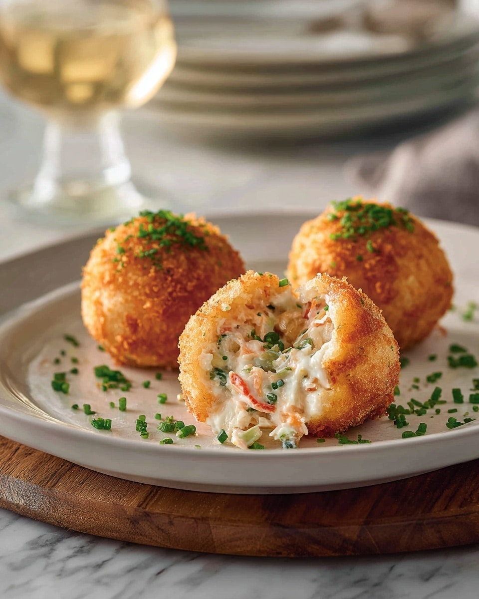 Six round, golden brown fried balls with a rough, crispy texture are placed on a white marbled surface, sitting on a creamy white sauce spread underneath them. One ball at the front is cut open, showing a soft inside filled with shredded white meat mixed with green herbs. Each ball is garnished with small, bright green chopped chives, adding color contrast. The sauce beneath is smooth with some chives sprinkled on top, creating a fresh look. Photo taken with an iphone --ar 4:5 --v 7