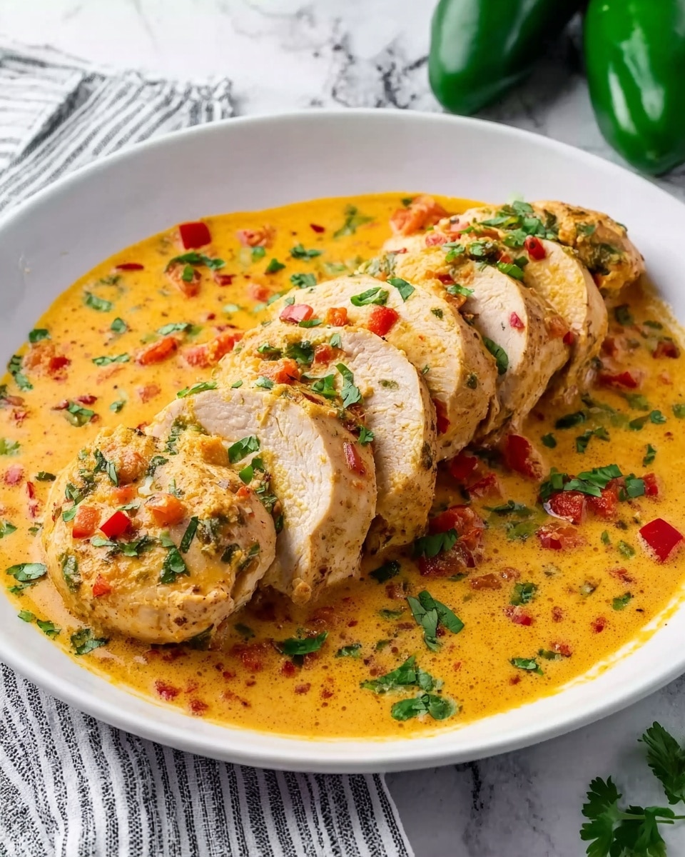 A black cast iron skillet holds four golden brown chicken breasts partially submerged in a rich, thick, creamy orange sauce with red and green vegetable bits visible. The chicken breasts have a slightly crispy texture on top, and fresh green chopped herbs are sprinkled across the surface, adding a bright contrast. The skillet sits on a white marbled surface, and some green leaves are blurred in the background. photo taken with an iphone --ar 4:5 --v 7