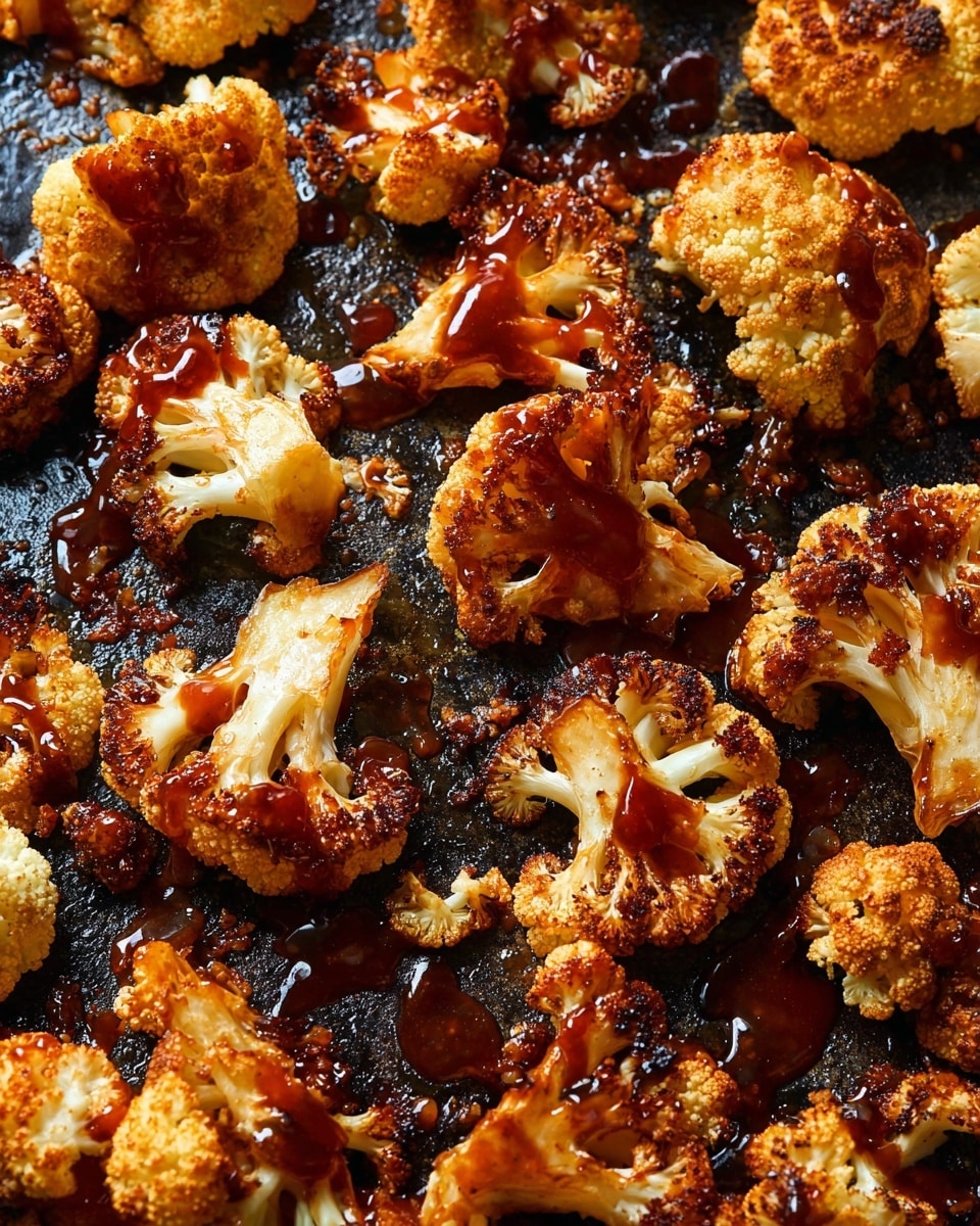 The image shows many roasted cauliflower pieces spread out on a dark, slightly oily surface. Each piece has a golden-brown color with some charred edges, giving them a crispy texture. On top of the cauliflower pieces, there are glossy, thick drips of a dark reddish-brown sauce, adding a rich contrast to the light-colored cauliflower. The overall look is a mix of crispy, tender textures with shiny sauce coating visible on many pieces. The focus is close-up, showing details of the sauce and roasting. photo taken with an iphone --ar 4:5 --v 7