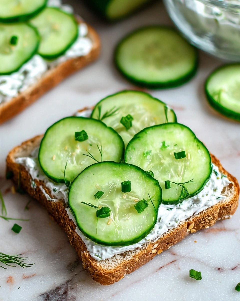 The image shows a sandwich made of three layers of soft white bread with a light golden crust. Between the first and second layers, there are thin, fresh cucumber slices that are dark green on the edges and light green inside, paired with a spread of white cream cheese. The second and third bread layers also have the same cucumber slices and cream cheese spread. The sandwich is cut into a neat, small square and stacked slightly unevenly. It sits on a simple white plate placed on a white marbled textured surface. The background is softly blurred, showing pieces of similar sandwiches. photo taken with an iphone --ar 4:5 --v 7