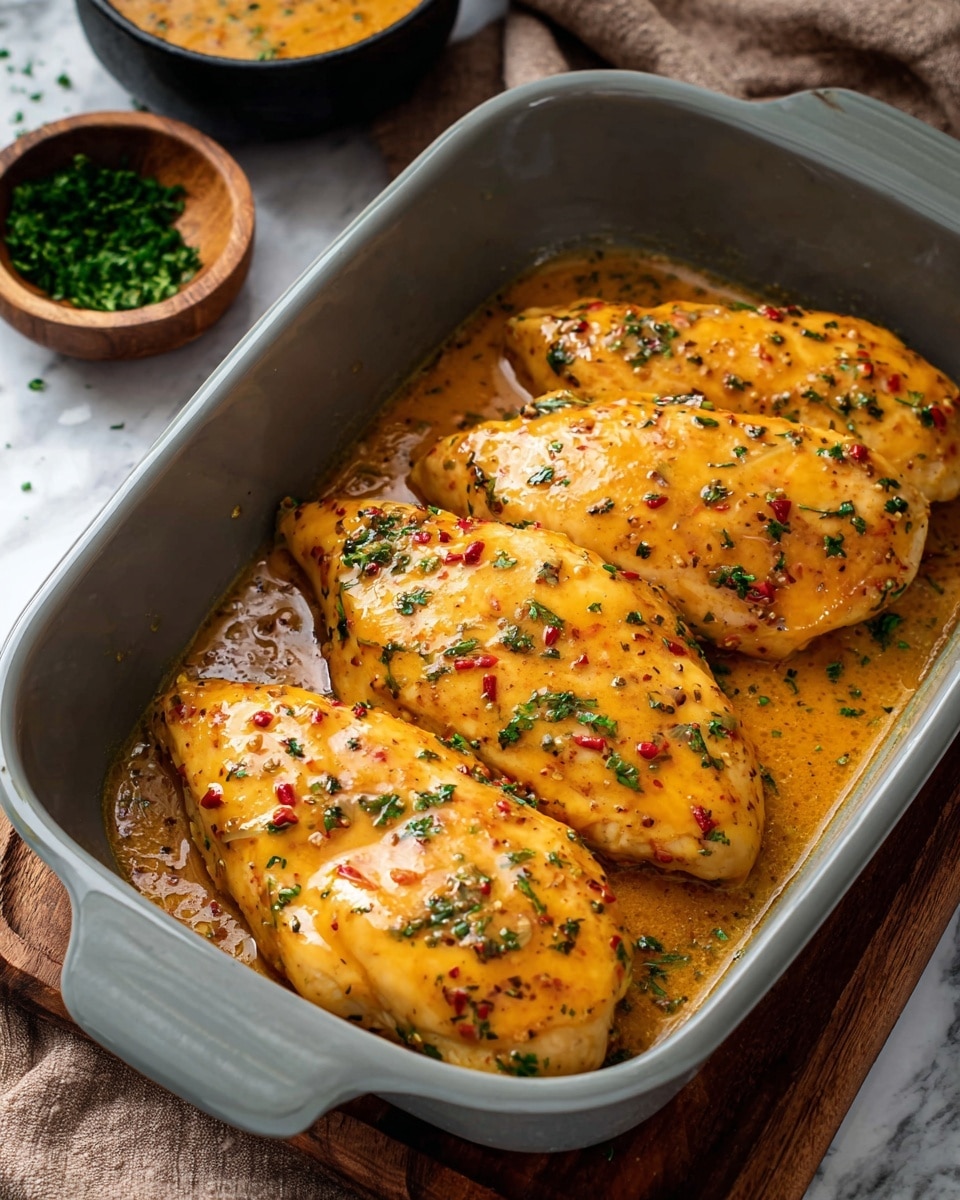 A gray baking dish filled with five pieces of cooked chicken breasts covered in a shiny, thick orange sauce with small red chili flakes and sprinkled with green herbs, the sauce pooling slightly around the chicken. The background shows part of a black bowl with a creamy orange sauce and green herbs in a small wooden bowl, all placed on a white marbled textured surface with a wooden brown cloth nearby. photo taken with an iphone --ar 4:5 --v 7