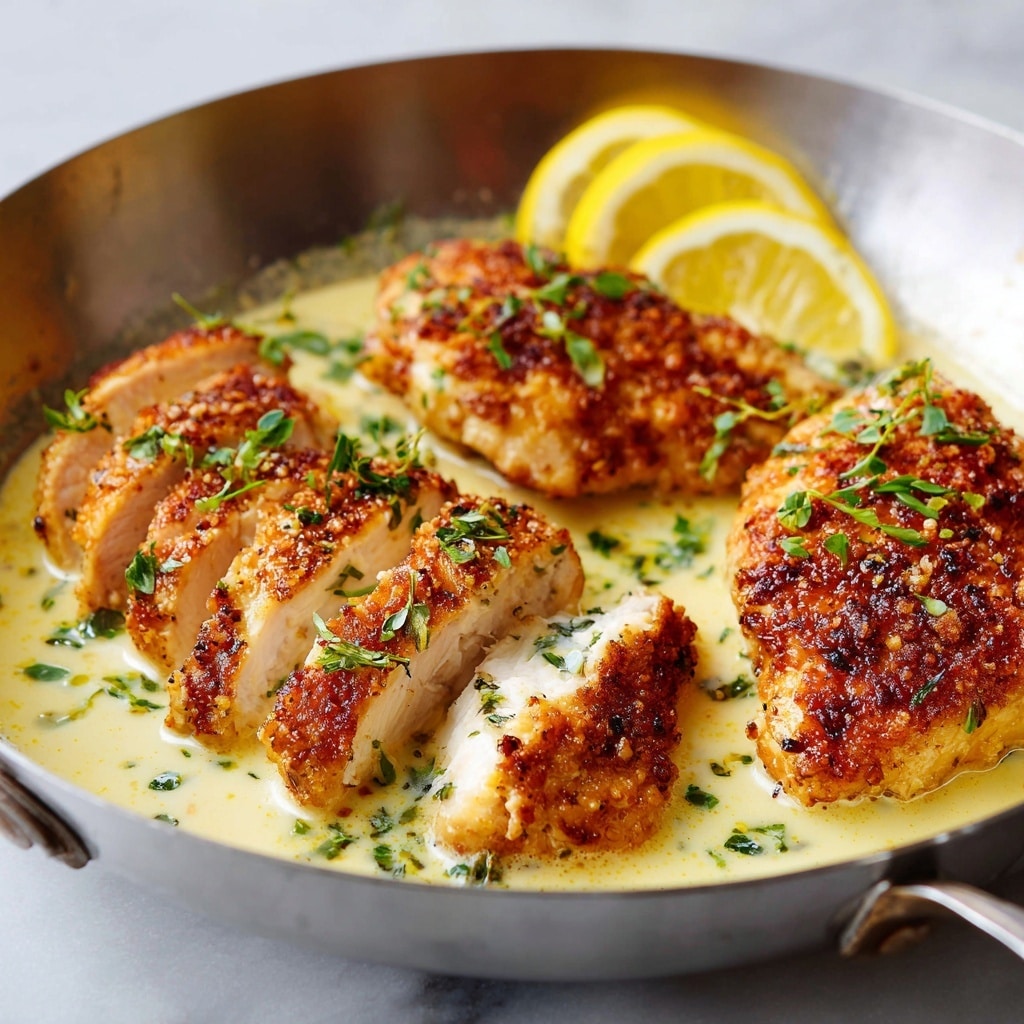 A skillet holds four pieces of golden-brown, crispy chicken breasts arranged in a creamy light beige sauce with small green capers scattered on top. Thin lemon slices and chopped green herbs are spread evenly over the chicken, adding bright yellow and green accents. The skillet sits on a white marbled surface with a small white bowl of capers and a folded grey cloth nearby. The metal handle of the skillet points down toward the bottom of the image. photo taken with an iphone --ar 4:5 --v 7