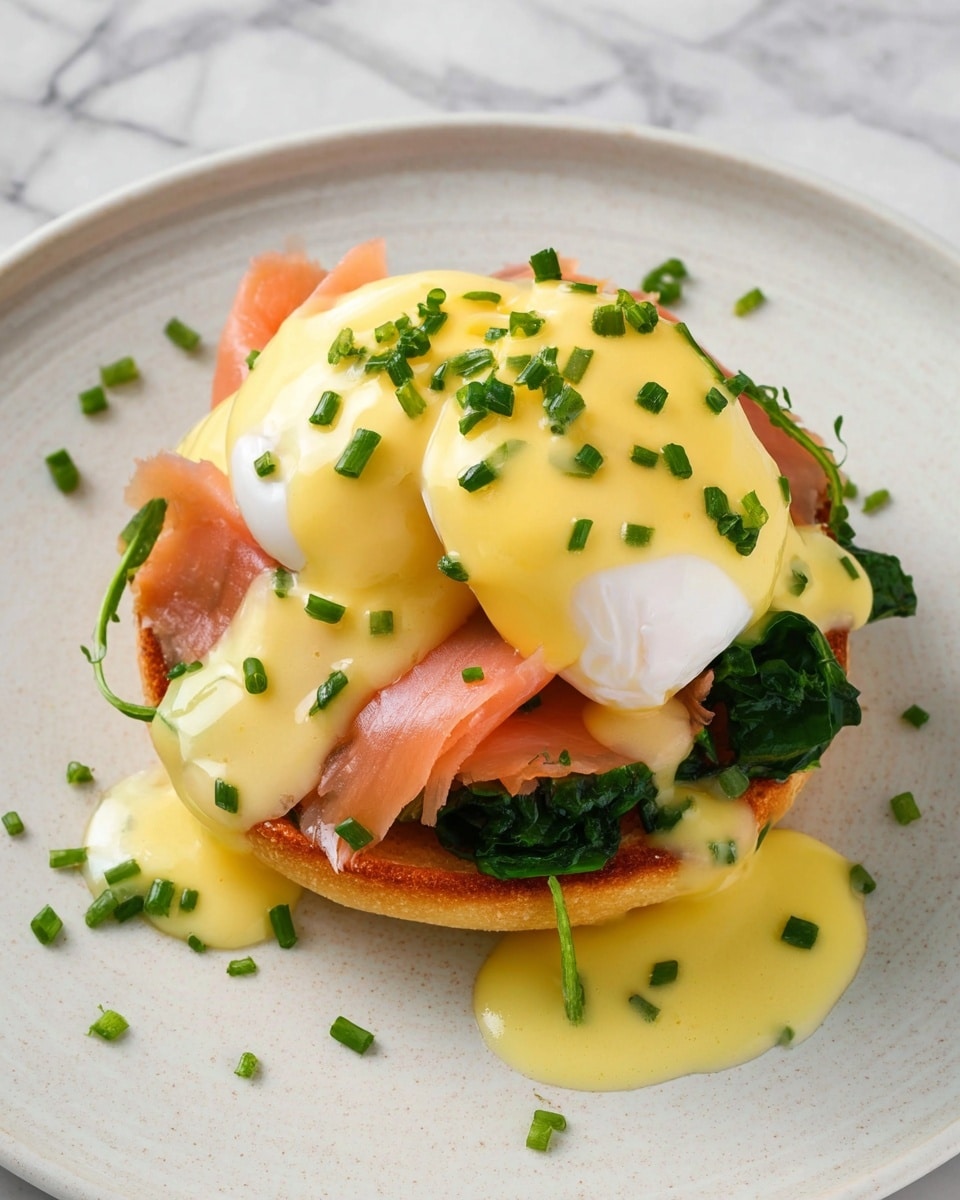 The image shows two servings of eggs Benedict on round white plates, placed on a white marbled surface. Each serving has three main layers: the bottom is a toasted English muffin with a light golden-brown color and slightly rough texture. On top of the muffin is some green lettuce with soft edges and smoked salmon in a light pink shade that looks smooth and slightly shiny. Next, there is a white, softly poached egg covered by a thick, bright yellow hollandaise sauce that slowly drips down the sides. Small green chive pieces are scattered on top of the sauce. In the foreground, a woman's hand holds a fork and knife cutting into the poached egg, revealing the vivid orange yolk flowing out. Near the plates is a small white bowl filled with extra chopped chives. photo taken with an iphone --ar 4:5 --v 7