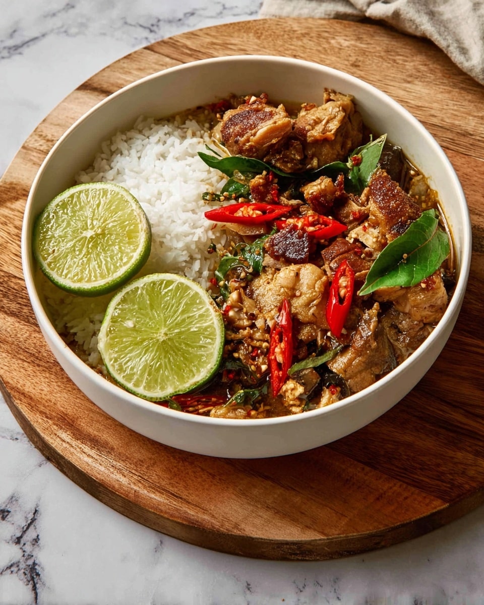 A white bowl filled with two main layers: on the left side, a fluffy, white layer of cooked rice with individual grains visible; on the right side, a thick, brown curry with pieces of cooked chicken and vegetables including long green snow peas and light yellow bamboo shoots. The curry is topped with bright red sliced chili peppers, fresh green basil leaves, and chopped peanuts scattered across. A black spoon rests inside the bowl on the right side. The bowl is placed on a wooden round board, with a blue cloth partially visible at the top left, all set against a white marbled surface. Photo taken with an iphone --ar 4:5 --v 7